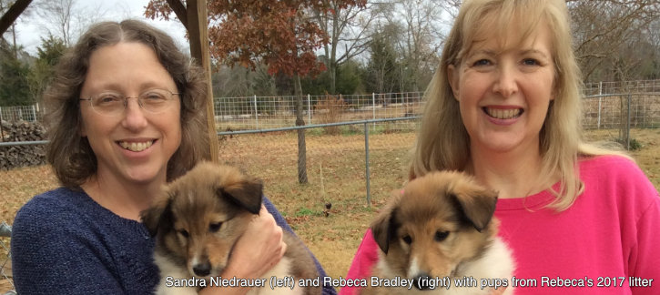 Sandra Niedrauer (left) and Rebeca Bradley (right) with pups from Rebeca's 2017 litter